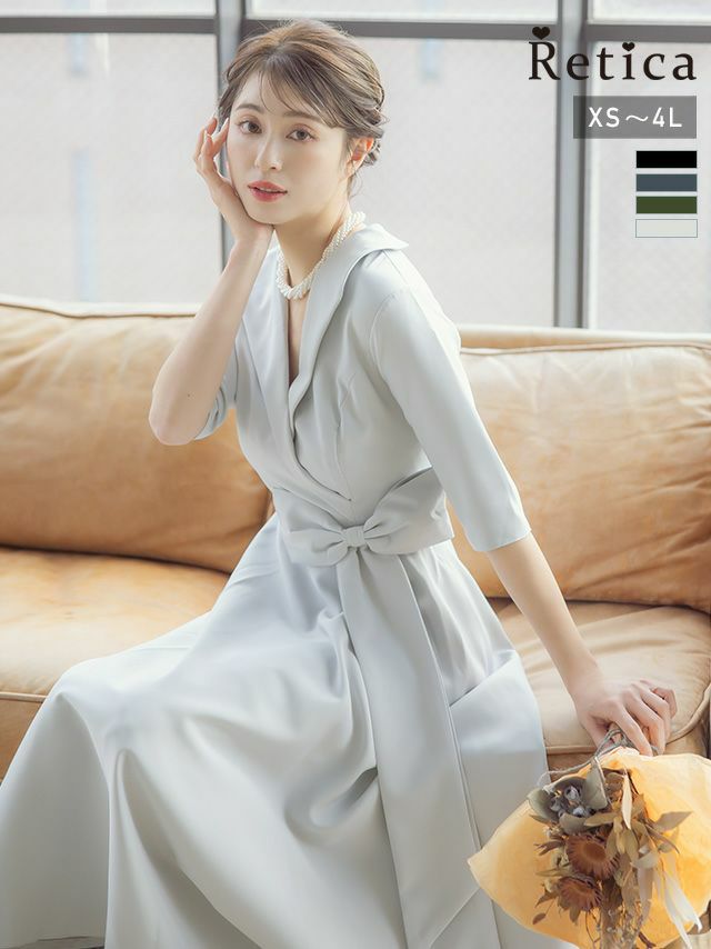 襟付きVネックデザインリボンウエストマークミモレ丈ハーフスリーブ結婚式パーティードレス