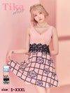 キャバドレス ミニ丈 Aライン 大きいサイズ キャバクラ ワンピース Tika ティカ ノースリーブウエスト刺繍切り替え格子柄フラワープリントフレアミニドレス