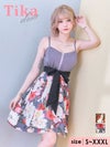 キャバドレス ミニ丈 大きいサイズ Aライン キャバクラ ワンピース Tika ティカ バストジップキャミソールウエストリボン切り替えボタニカルプリントフレアミニドレス