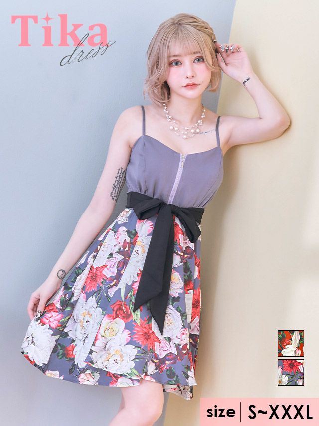 キャバドレス ミニ丈 大きいサイズ Aライン キャバクラ ワンピース Tika ティカ バストジップキャミソールウエストリボン切り替えボタニカルプリントフレアミニドレス