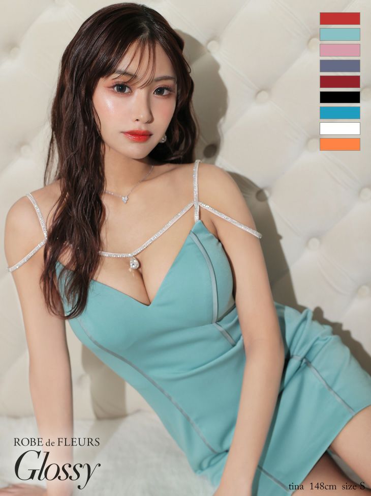 キャバドレス ミニドレス　ROBEdeFLEURSGlossy ローブドフルールグロッシー 高級ビジューキャミソールパイピングワンカラーストレッチタイトミニドレス