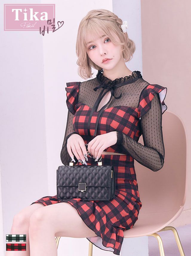 メイン画像 キャバドレス 韓国 長袖 袖ありシアー切り替えネックリボンチェック柄裾フリルウエストカットタイトミニドレス (Sサイズ～Lサイズ) (戦慄かなの/キャバドレス着用)