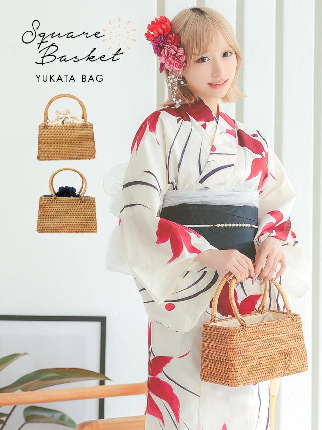 [浴衣小物] 巾着付きナチュラルスクエアミニかごバッグ