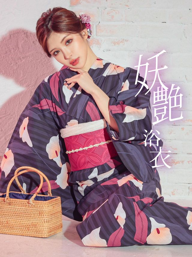 [浴衣 選べる帯] 妖艶 縞に菖蒲の花 3点セット (ゆかた・平帯or作り帯・下駄)