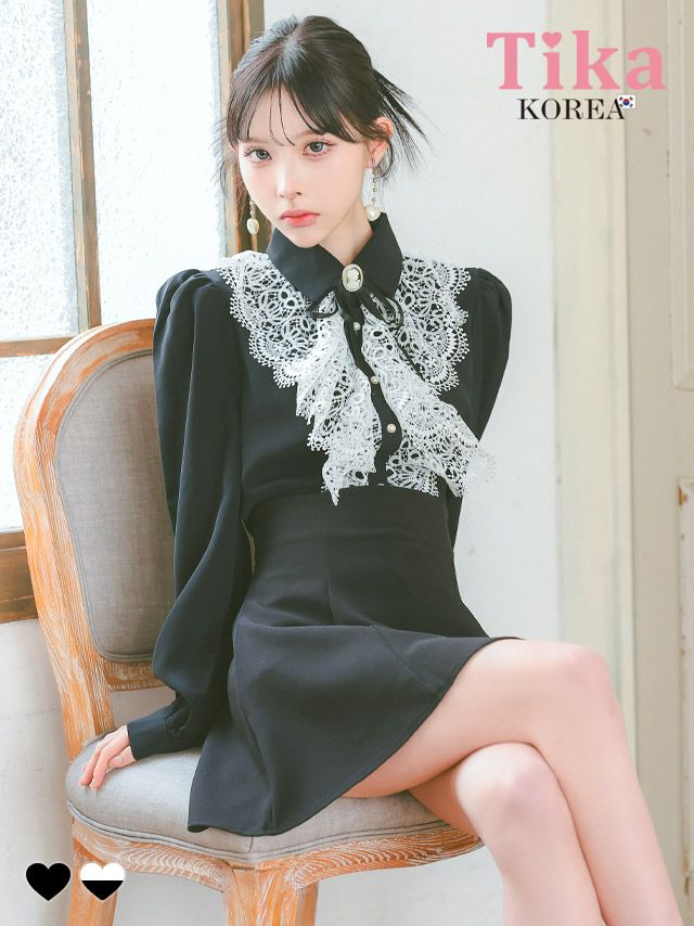 メイン画像 キャバドレス 韓国 [SALE] セットアップ ワンピース ブローチ付き 長袖 ケミカルレース 胸元カバー 襟付き フリル ブラウス スカートパンツ Aライン キャバドレス (緩苺着用) [tk-mdsks002a]