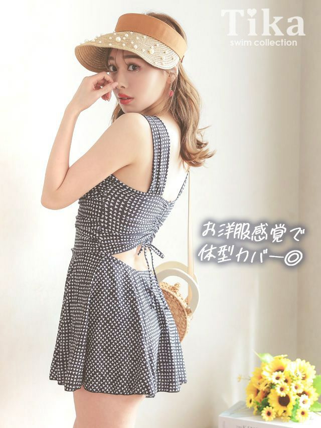 水着 バックドロストカットアウトデザインモノトーンガーリーワンピースビキニ