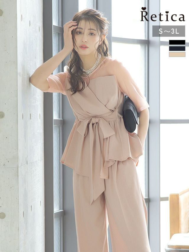 カシュクールウエストリボンアシメフリルトップス×ワイドパンツツーピースシアースリーブ結婚式パーティードレス
