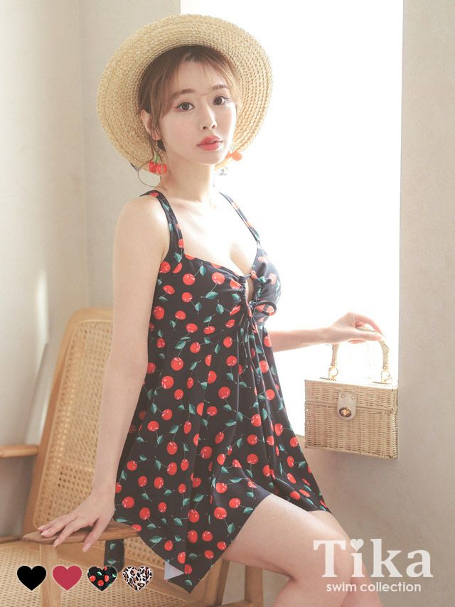 水着 無地&総柄アシメチュニックガーリーワンピースビキニ