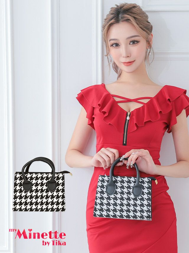 ショルダー付き2way千鳥柄ミニハンドバッグ