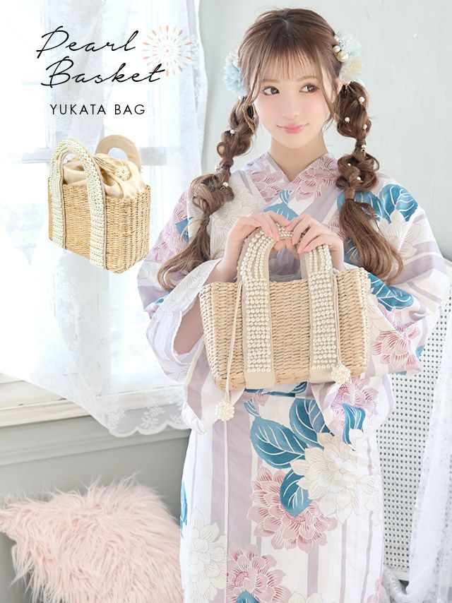 [浴衣小物] パールハンドルスクエア2Wayかごバッグ