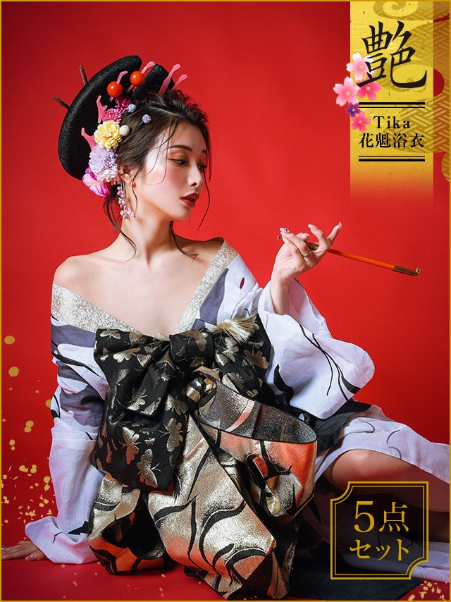 [花魁浴衣] 桜まつり 2way 水彩モノトーン 5点セット (ゆかた・下駄・兵児帯・飾り兵児帯・肌襦袢)