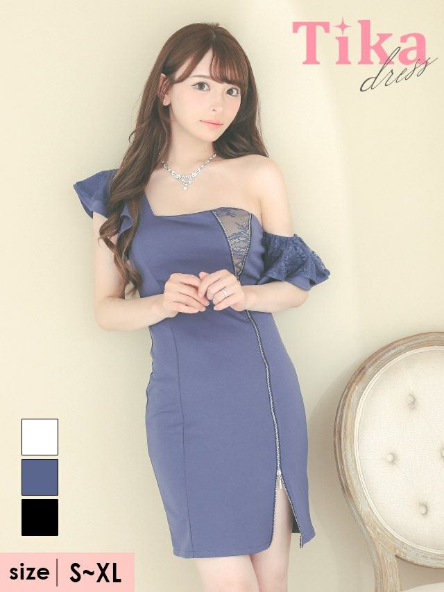 キャバドレス ミニ丈 大きいサイズ キャバクラ クラブ Tika ティカ ワンショルダーフリル袖ヌーディーレースジップタイトミニドレス