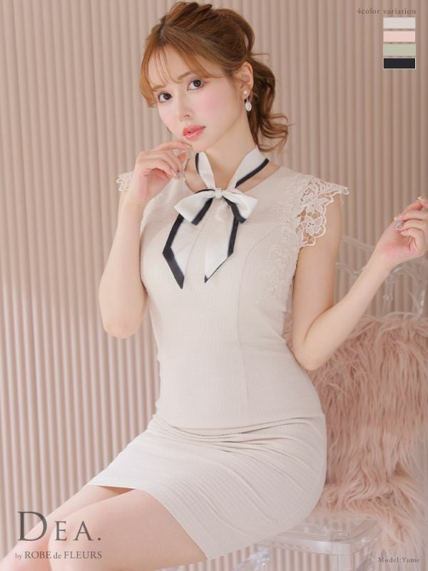 DEA.byROBEdeFLEURS ディアバイローブドフルール 高級スカーフリボン付きケミカルレース袖ワンカラーノースリーブタイトミニドレス