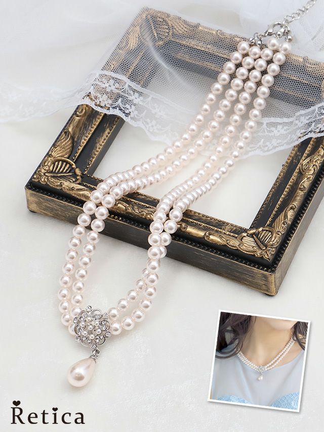 ドロップパールビジューモチーフ２連ネックレス