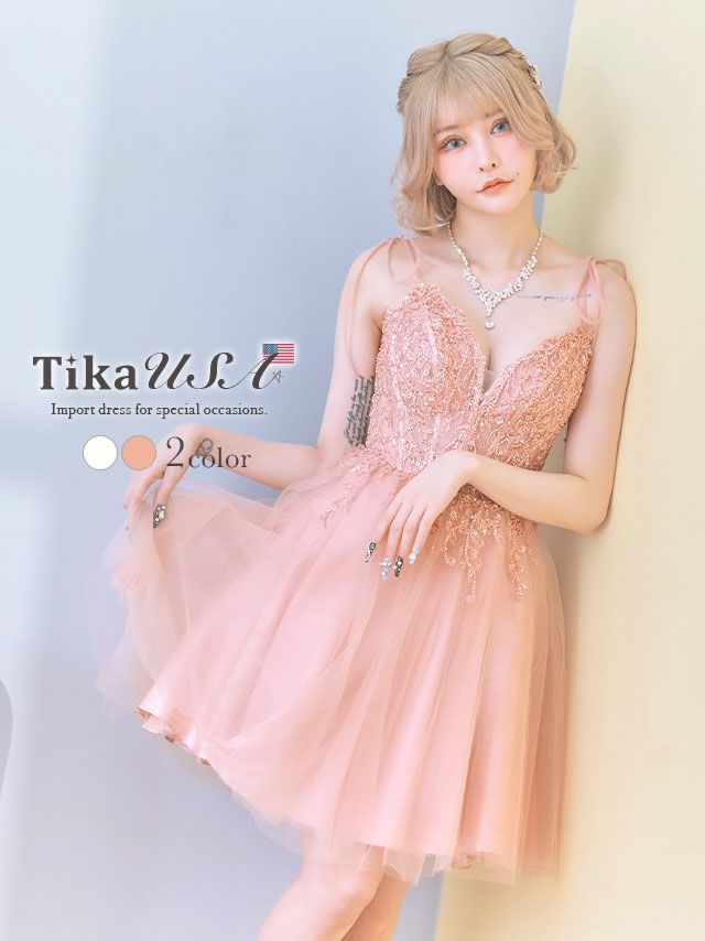 LA直輸入 ハートカットキャミソールリボン刺繍ビジューゴージャスフレアミニバースデードレス (XSサイズ～Lサイズ) (戦慄かなの キャバドレス着用)