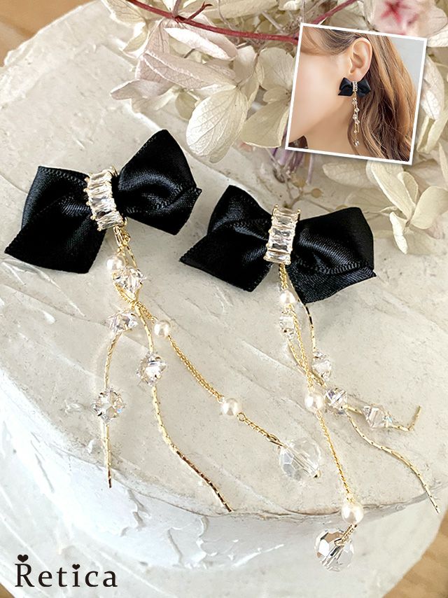 リボンビジューゴールドチェーンピアス