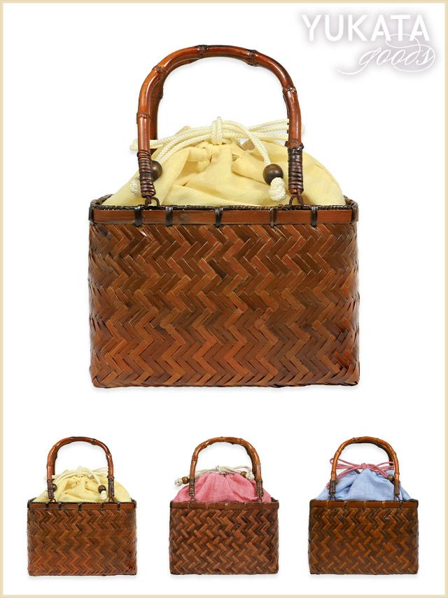 [浴衣小物] 無地巾着付きスクエア竹編みかごバッグ