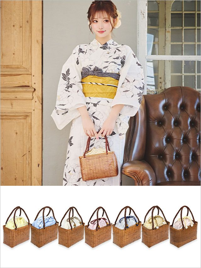 [浴衣小物] 巾着付きロープハンドル竹かごバッグ