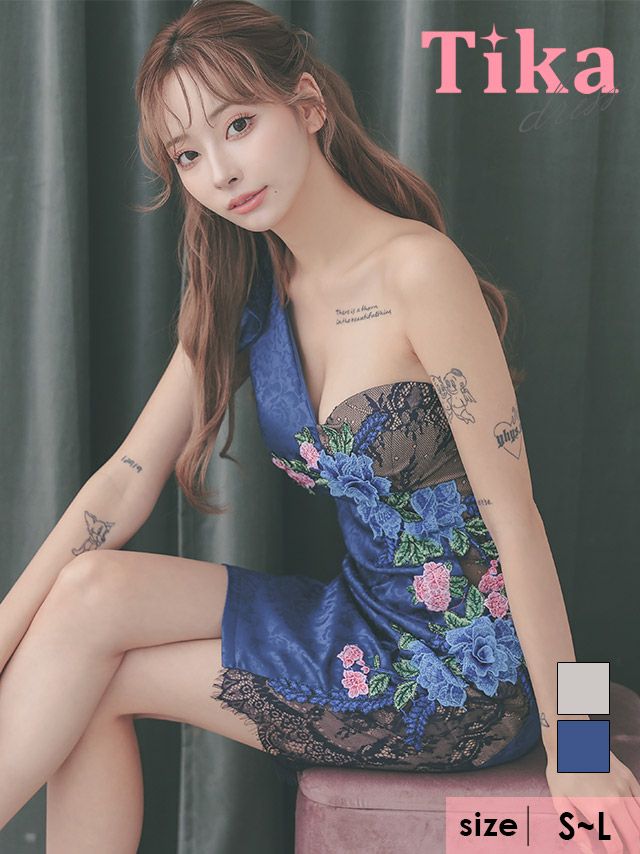 キャバドレス ミニ丈 大きいサイズ キャバクラ クラブ Tika ティカ ワンショルダーリボンエレガントフラワー刺繍レース切り替えファンシージャガードタイトミニドレス