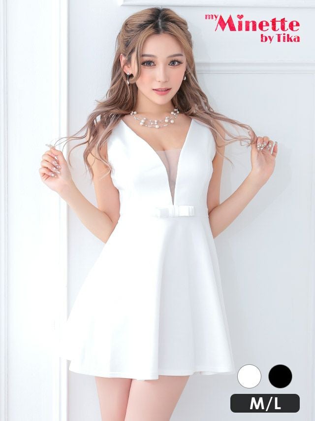 谷間シースルーウエストリボンノースリーブフレアミニドレス