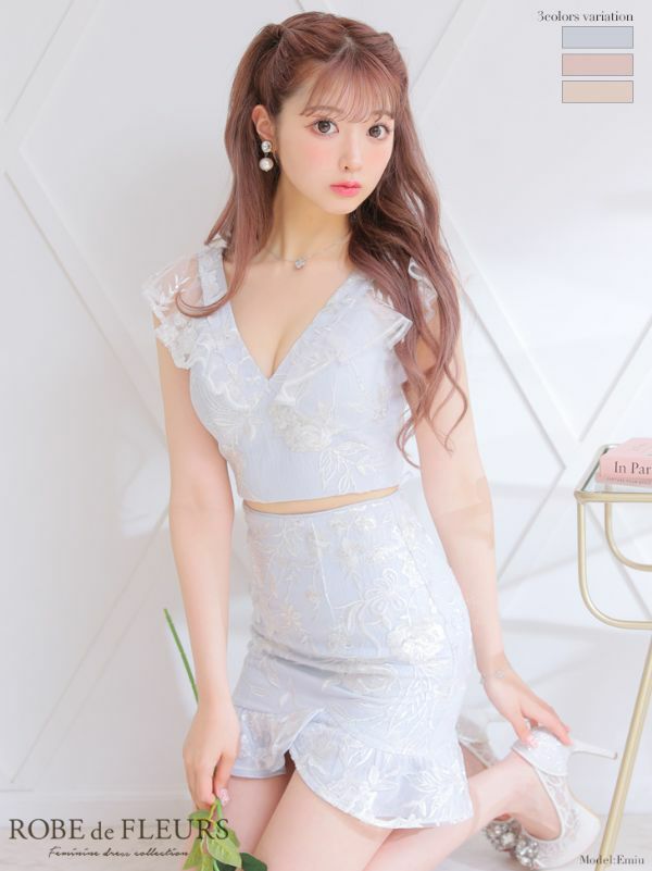 ROBEdeFLEURS ローブドフルール 高級セットアップフリル袖スパンコール刺繍フラワーレースノースリーブタイトミニドレス