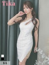 キャバドレス ミニ丈 大きいサイズ Tika ティカ ワンショルダーカットアウトビジューサイドヌーディーシアー切り替え総レースタイトミニドレス