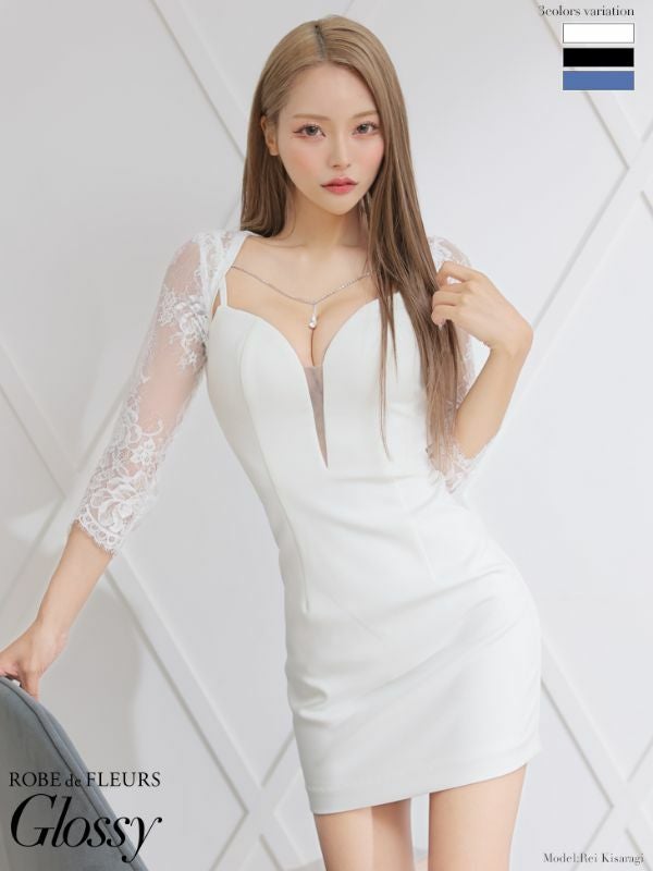 ROBEdeFLEURSGlossy ローブドフルールグロッシー 高級袖ありレース切替バストドロップビジュータイトミニドレス