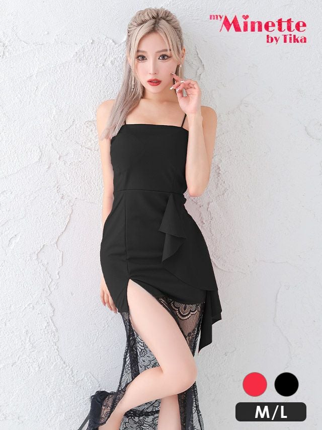 キャミソールブラックレース切替サイドスリットタイトロングドレス