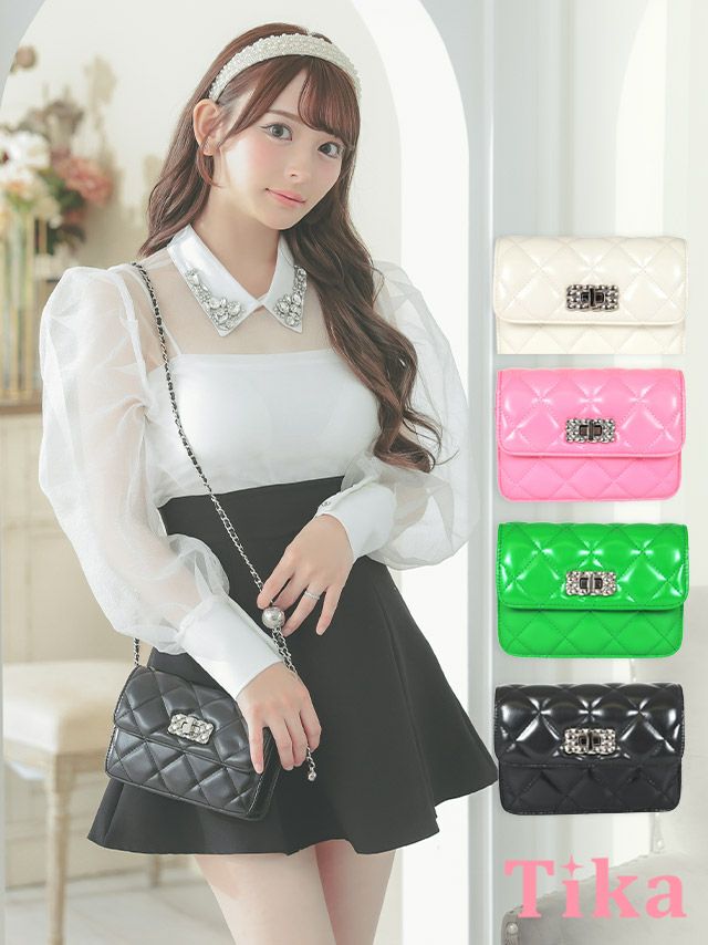 バッグ ミニ 小さめ 鞄 肩掛け 黒 白 キャバクラ Tika ティカ キルティングデザインワンカラーショルダーバッグ
