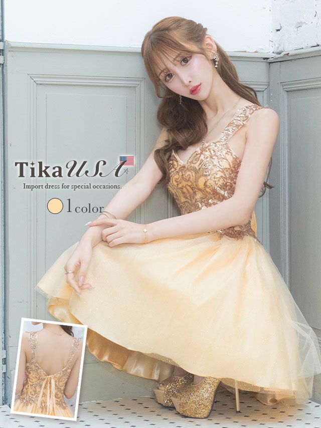 LA直輸入 ゴールドスパンコール刺繍キャミソールボリュームラメチュールフレアミニバースデードレス (XSサイズ～Mサイズ) (浦西ひかる キャバドレス着用)