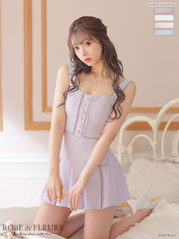 ROBEdeFLEURS ローブドフルール 高級ラメツイードノースリーブセットアッププリーツフレアミニドレス