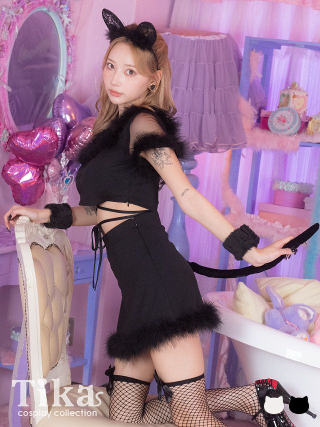 コスプレ ふわふわ白猫 5点set クロスコード セットアップ へそ出し