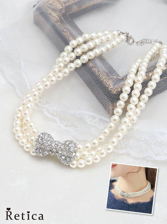 ビジューリボン3連パールチョーカーネックレス