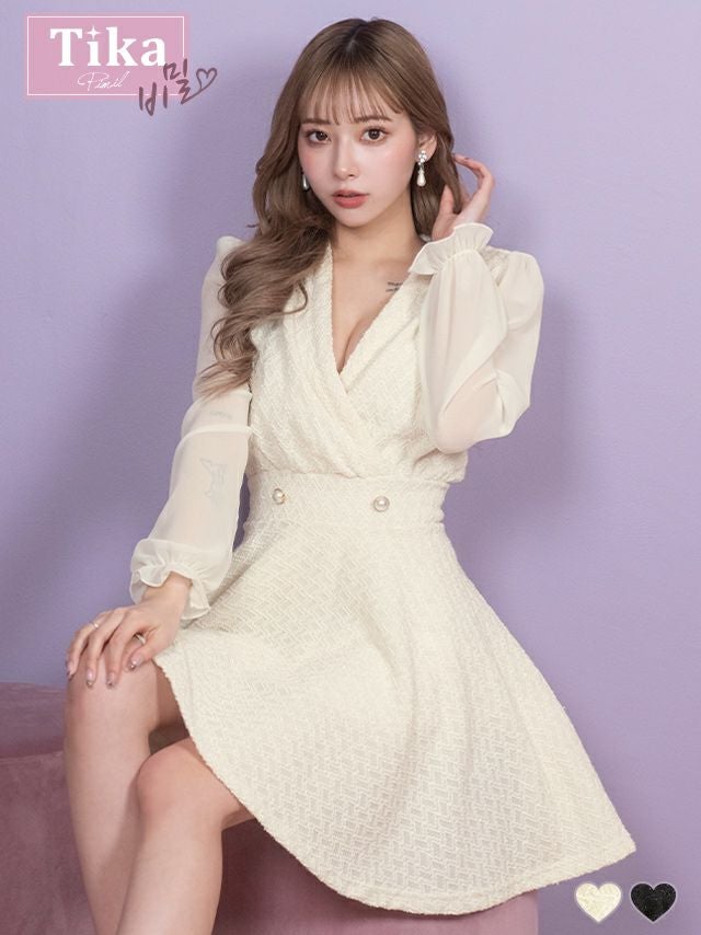 メイン画像 キャバドレス 韓国 襟付きカシュクール 長袖 袖あり パフスリーブ ラメ入りニット フレアミニドレス (Mサイズ) (PyunA./キャバドレス着用)