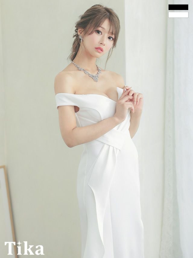 キャバドレス ロング丈 大きいサイズ キャバクラ Tika ティカ オフショルダーサイドゴージャスフリルスリットタイトロングドレス