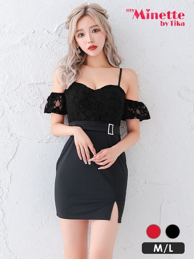 肩あきレースウエストベルト切替スリットタイトミニドレス