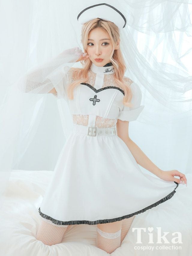 コスプレ ハロウィン 看護婦 看護師 衣装 仮装 パイピングレザーセクシーウエストレースデザインガーリーホワイトナース