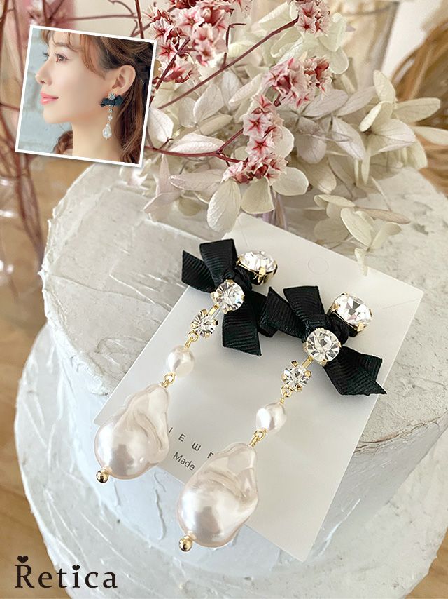 ドロップパールビジューリボンピアス
