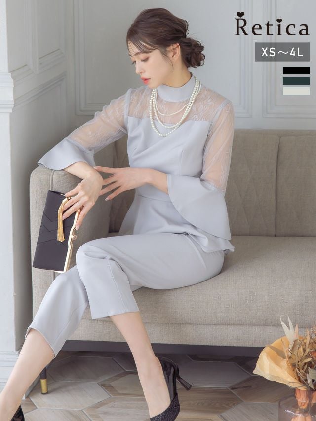 レース切替デザイントップスクロップドパンツツーピースベルスリーブ結婚式パーティードレス