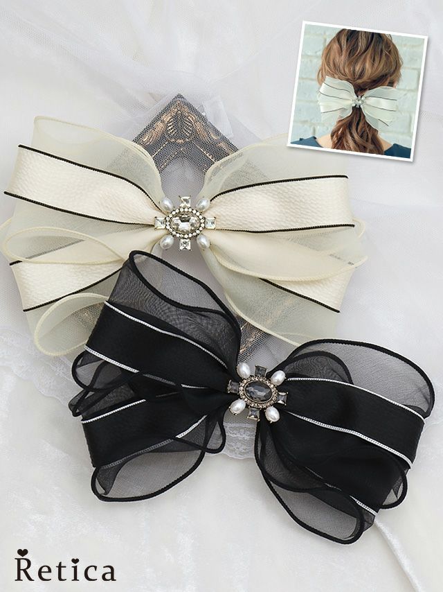 ビジュー付きバイカラーシフォンリボンバレッタ