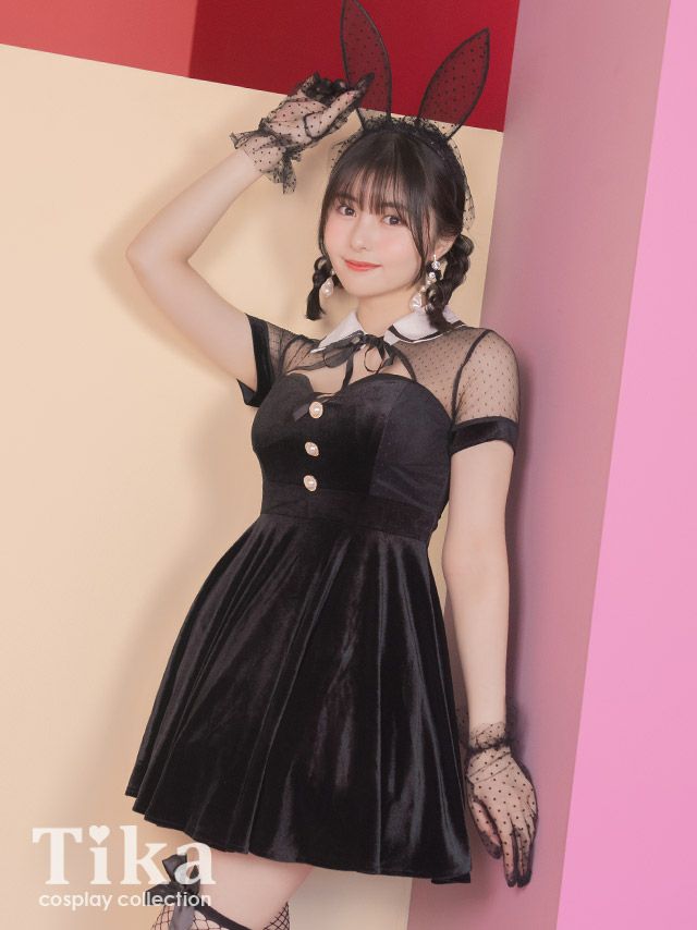 コスプレ ハロウィン うさぎ アニマル 衣装 仮装 ベロア体型カバードットシアーレトロガーリーブラックバニー