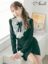 Anella アネラ スカラップレースリボン長袖トップス×ラップスカートセットアップタイトミニ韓国ドレス (Sサイズ～Mサイズ) (森咲智美 キャバ韓国ドレス着用)