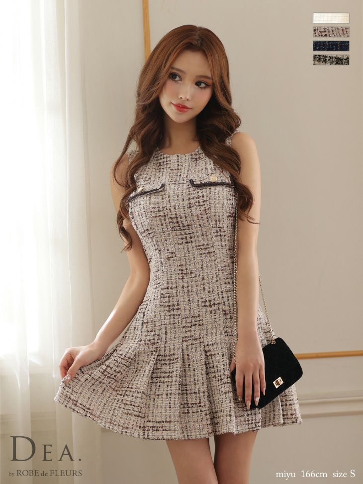 DEA.byROBEdeFLEURS ディアバイローブドフルール 高級ラメツイードプリーツミニノースリーブワンピースタイトミニドレス