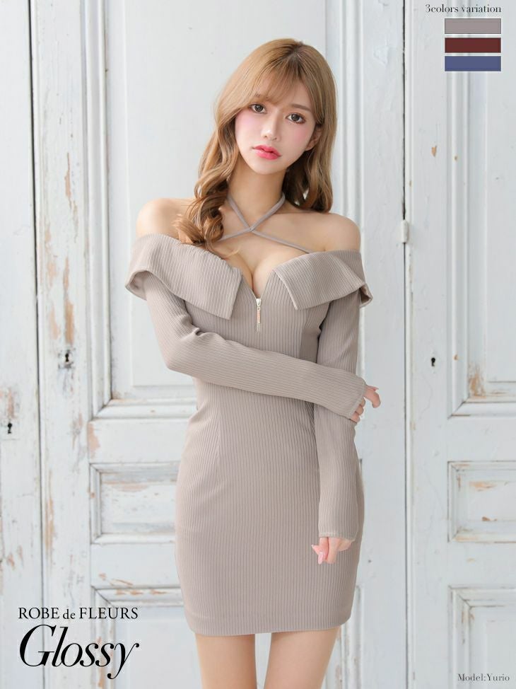 ROBEdeFLEURSGlossy ローブドフルールグロッシー 高級クロスジップオフショルダーニット長袖タイトミニドレス