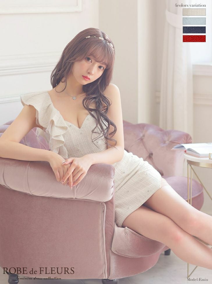 ROBEdeFLEURS ローブドフルール 高級フリルビジューセットアップワンショルダータイトミニドレス