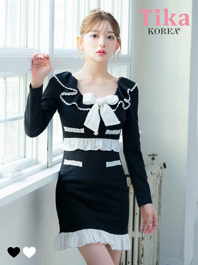 メイン画像 キャバドレス 韓国 ミニドレス ワンピース 長袖 パイピングレース 裾フリル モノトーン タイト キャバドレス (黒崎みさ着用) [tk-mdk917]