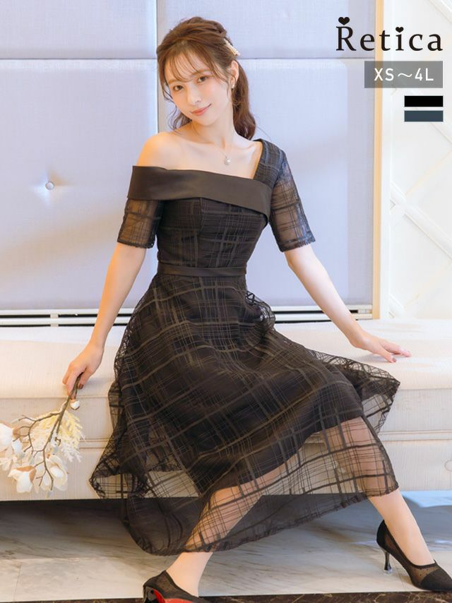 シアーチェックサテン切替フレアミモレ丈ワンショルダーハーフスリーブ結婚式パーティードレス