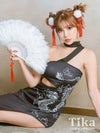 コスプレ ハロウィン チャイナ服 ドレス ワンピース 衣装 仮装 ドラゴンプリントカットアウトロング丈スリット風アシメセクシーブラックチャイナドレス