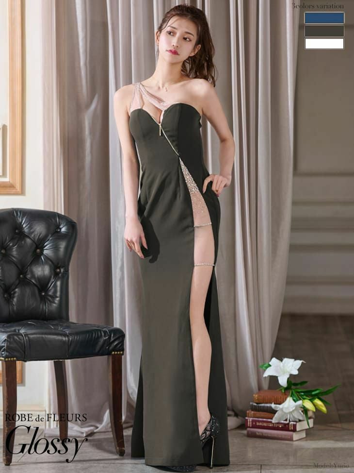 ROBEdeFLEURSGlossy ローブドフルールグロッシー 高級フロントジップバースデービジューワンショルダータイトロングドレス