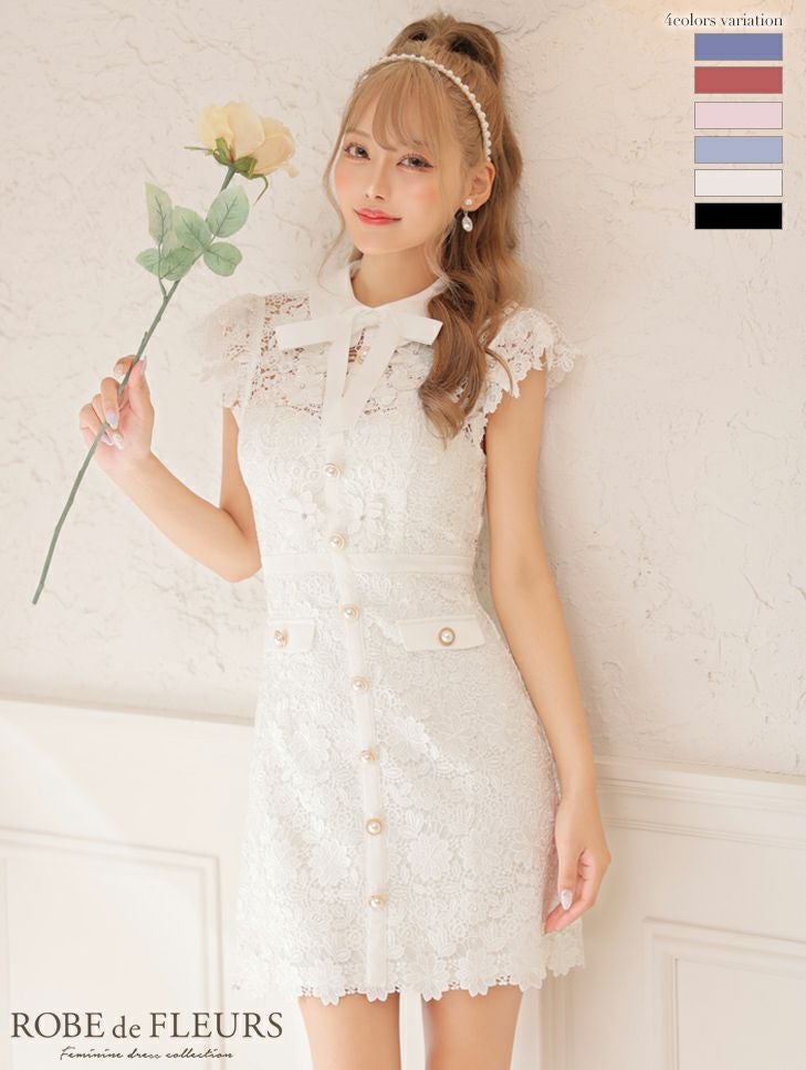 ROBEdeFLEURS ローブドフルール 高級リボン襟付きバイカラーフラワー刺繍レースノースリーブタイトミニドレス